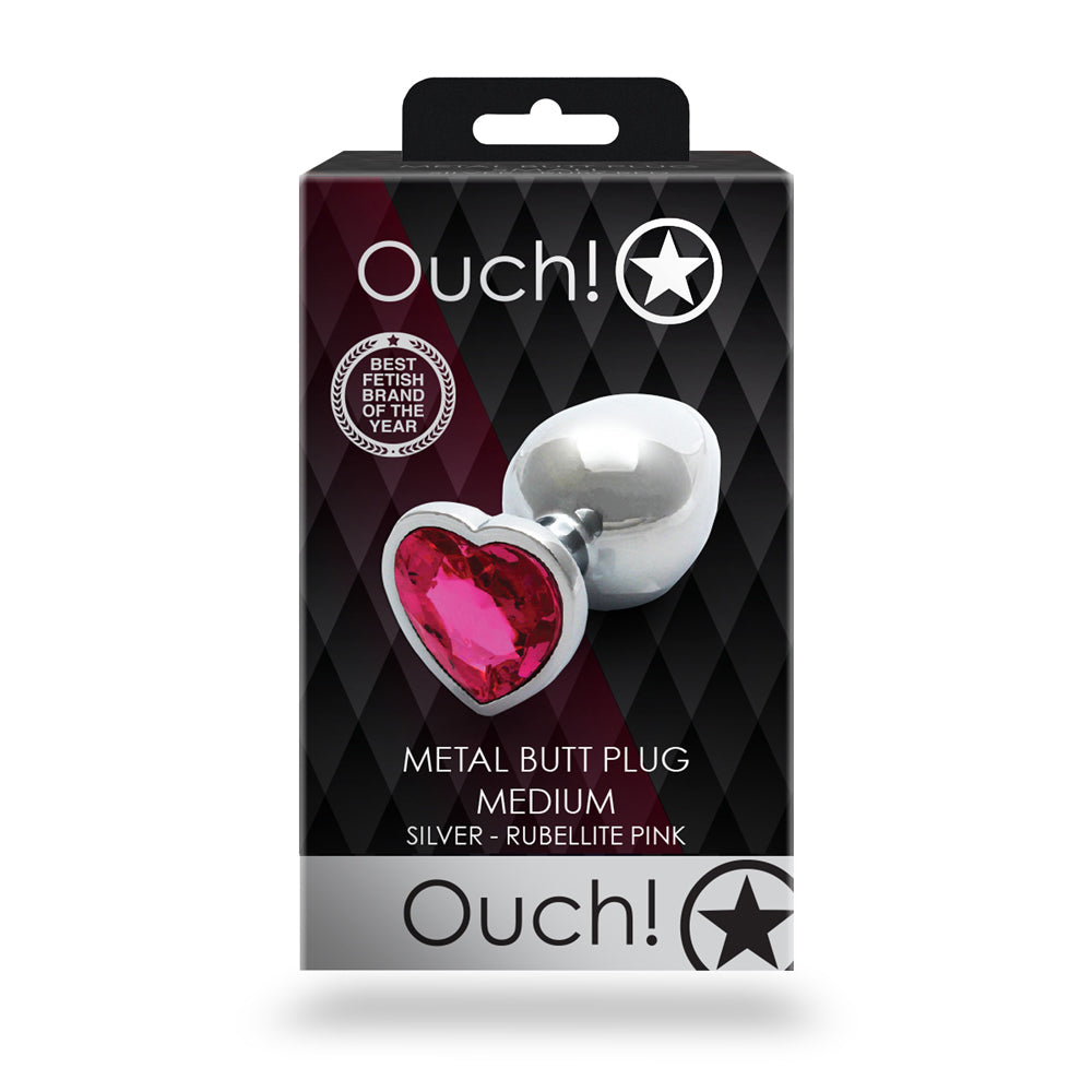 SHOTS - OUCH! HEART GEM BUTT PLUG MEDIUM SILVER/RUBELLITE PINK