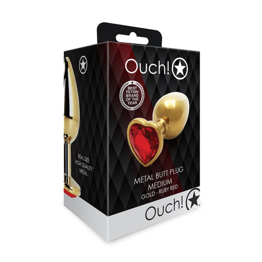 OUCH! HEART GEM BUTT PLUG MEDIUM GOLD/RUBY RED
