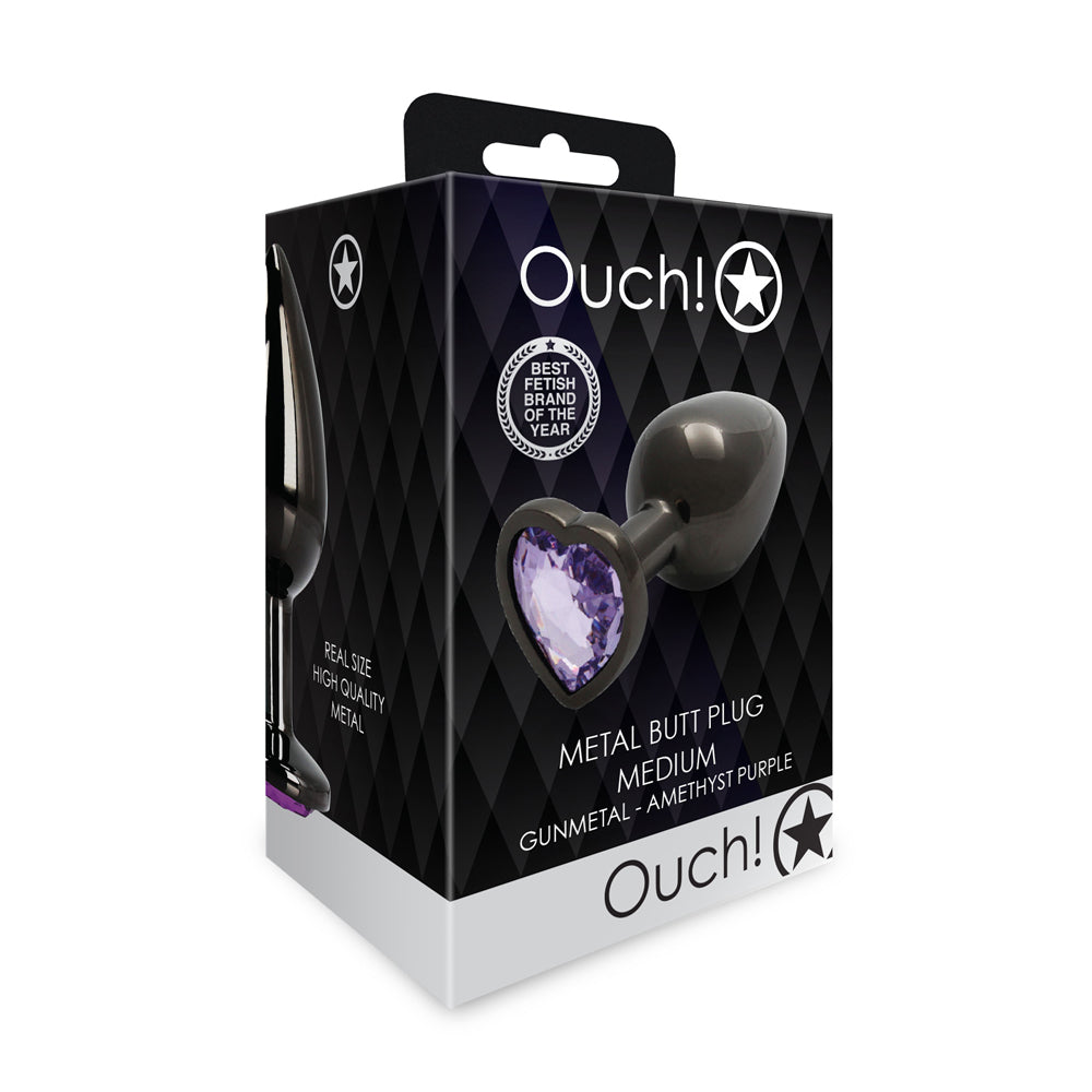 OUCH! HEART GEM BUTT PLUG MEDIUM GUNMETAL/AMETHYST