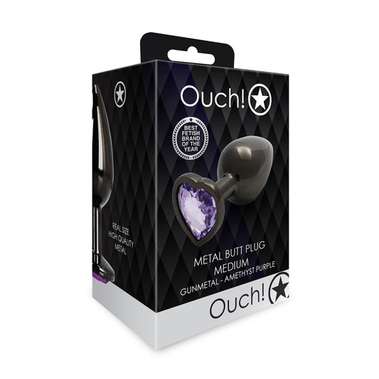 OUCH! HEART GEM BUTT PLUG MEDIUM GUNMETAL/AMETHYST