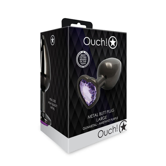 OUCH! HEART GEM BUTT PLUG LARGE GUNMETAL/AMETHYST