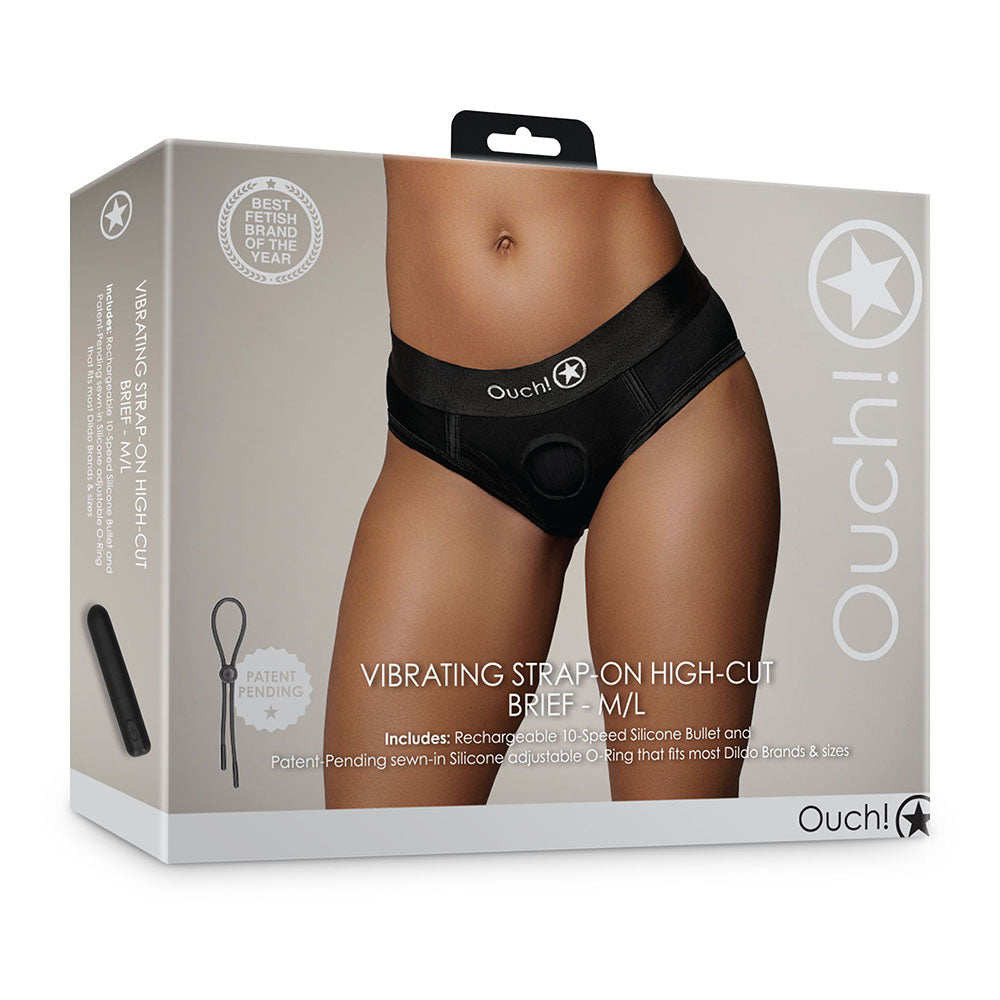 OUCH! VIBRATING STRAP-ON HIGH-CUT BRIEF BLACK M/L