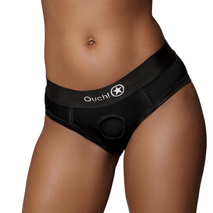 OUCH! VIBRATING STRAP-ON HIGH-CUT BRIEF BLACK M/L