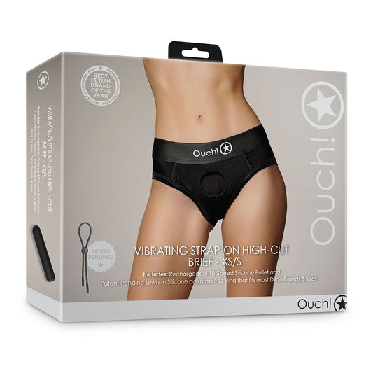 SHOTS - OUCH! VIBRATING STRAP-ON HIGH-CUT BRIEF BLACK XS/S