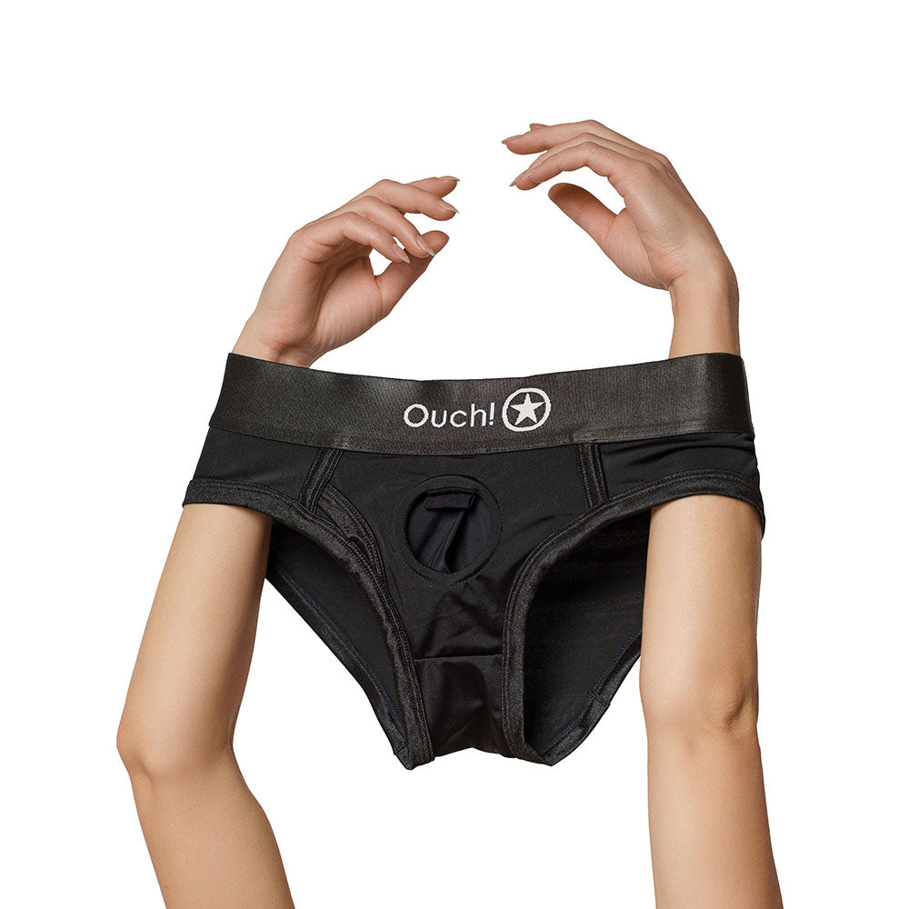 SHOTS - OUCH! VIBRATING STRAP-ON HIGH-CUT BRIEF BLACK XS/S