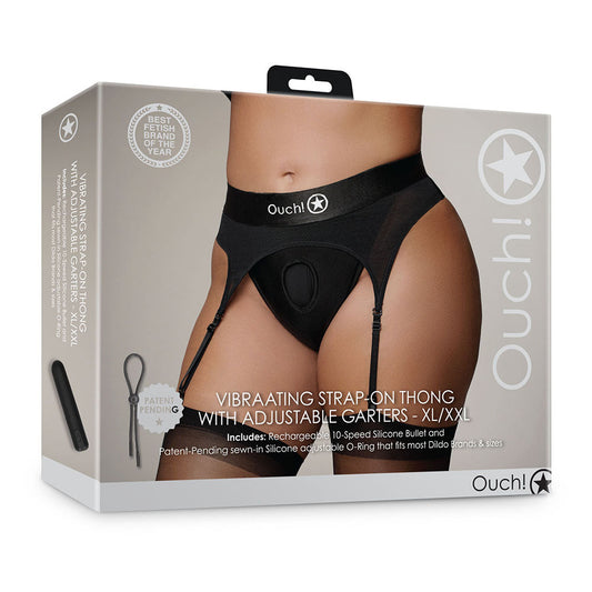 OUCH! VIBRATING STRAP-ON THONG WITH ADJUSTABLE GARTERS BLACK XL/2XL