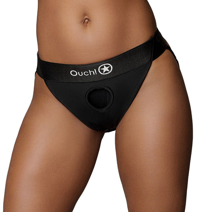 OUCH! VIBRATING STRAP-ON PANTY HARNESS WITH OPEN BACK BLACK M/L