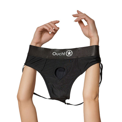 OUCH! VIBRATING STRAP-ON PANTY HARNESS WITH OPEN BACK BLACK M/L