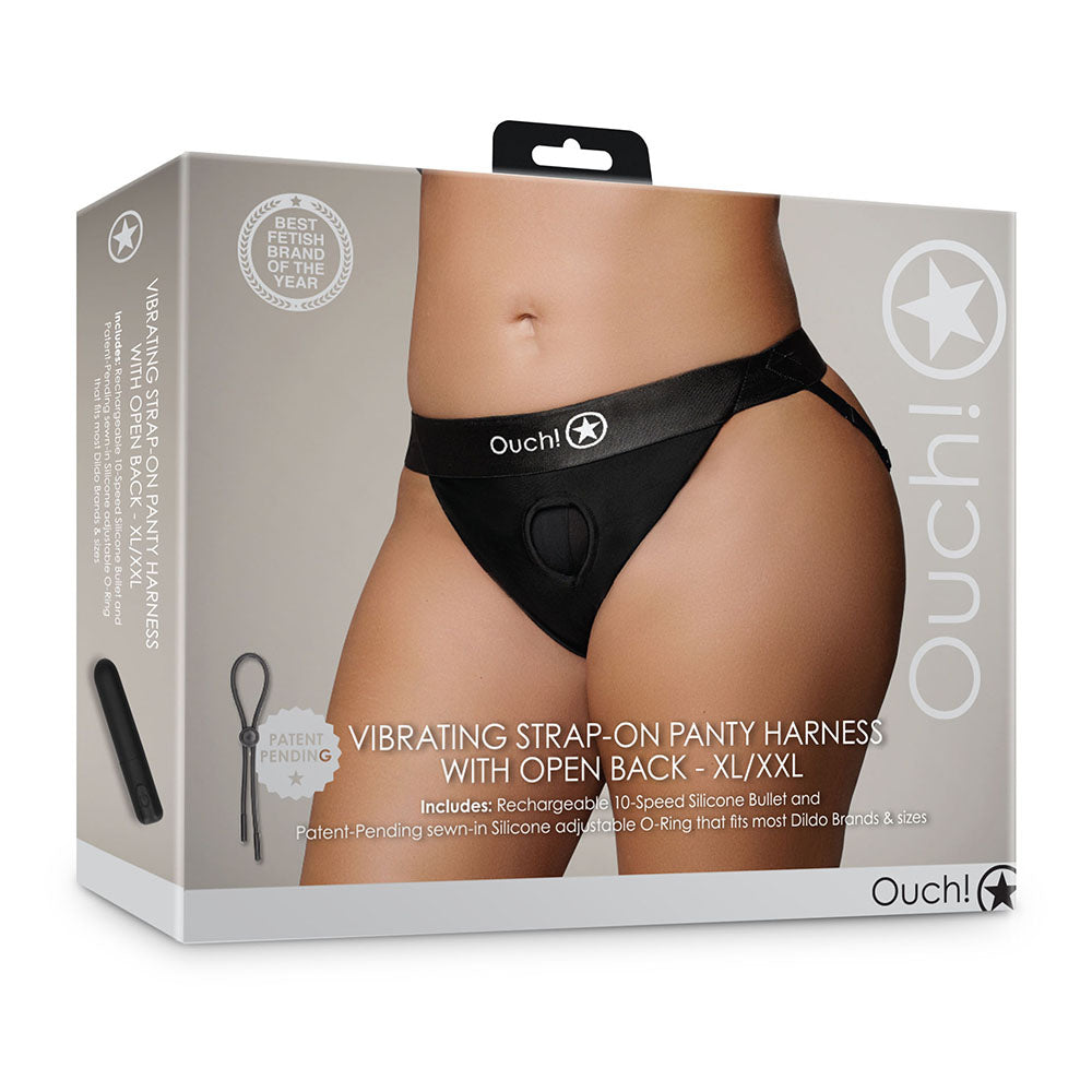 OUCH! VIBRATING STRAP-ON PANTY HARNESS WITH OPEN BACK BLACK XL/2XL
