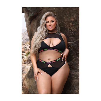 FANTASY LINGERIE VIBES FUCK LABELS KEYHOLE TOP & HIGH-WAIST BOTTOM BLACK QUEEN