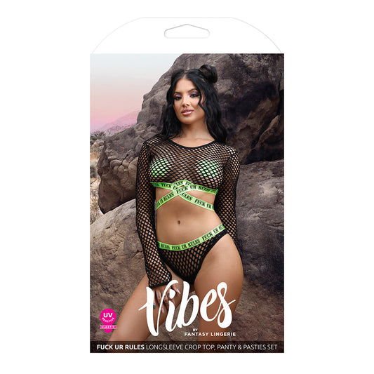 VIBES FUCK UR RULES UV REACTIVE LONGSLEEVE FISHNET TOP, PANTY, PASTIES BLACK M/L