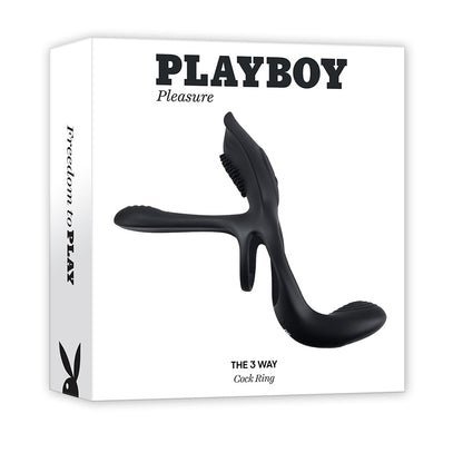 PLAYBOY THE 3 WAY RECHARGEABLE REMOTE CONTROLLED VIBRATING SILICONE COCKRING WITH STIMULATOR BLACK