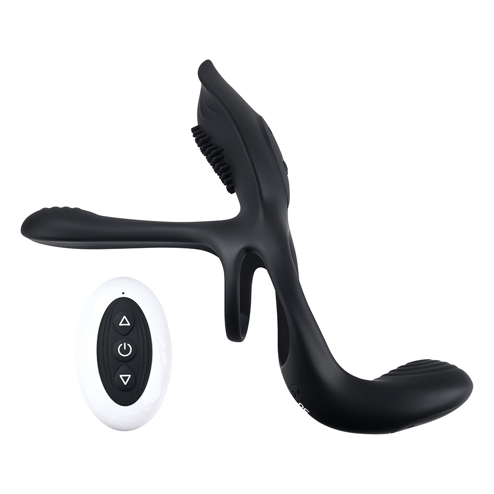 PLAYBOY THE 3 WAY RECHARGEABLE REMOTE CONTROLLED VIBRATING SILICONE COCKRING WITH STIMULATOR BLACK