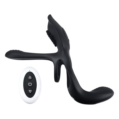 PLAYBOY THE 3 WAY RECHARGEABLE REMOTE CONTROLLED VIBRATING SILICONE COCKRING WITH STIMULATOR BLACK