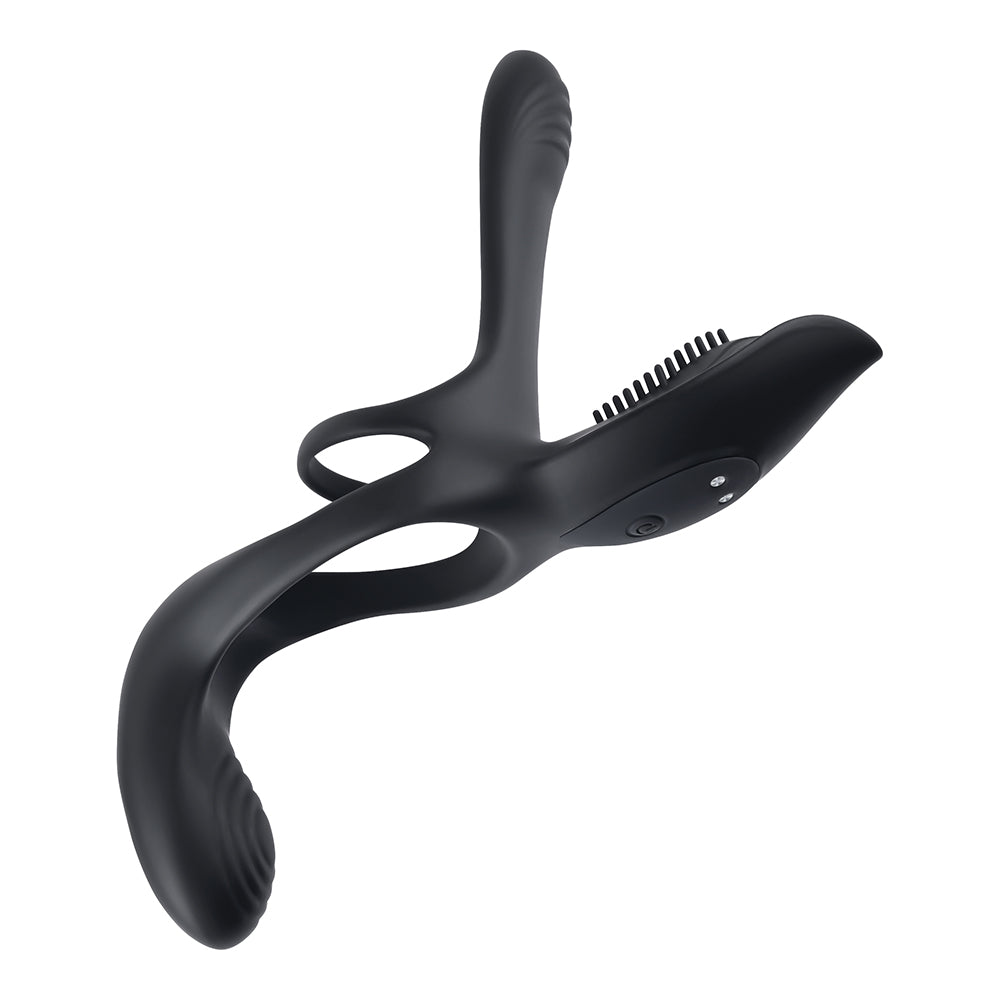 PLAYBOY THE 3 WAY RECHARGEABLE REMOTE CONTROLLED VIBRATING SILICONE COCKRING WITH STIMULATOR BLACK