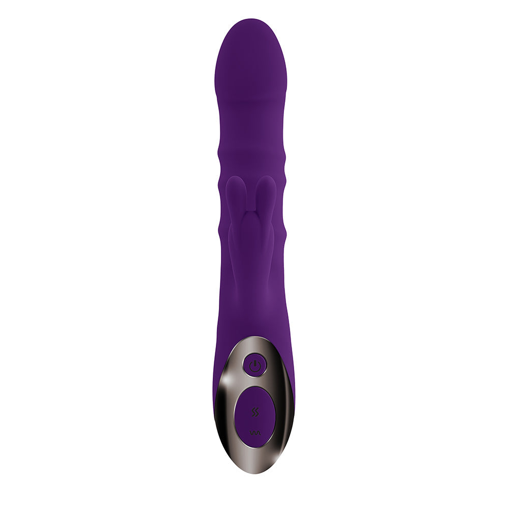 PLAYBOY - HOP TO IT RECHARGEABLE THRUSTING SILICONE DUAL STIMULATION VIBRATOR ACAI