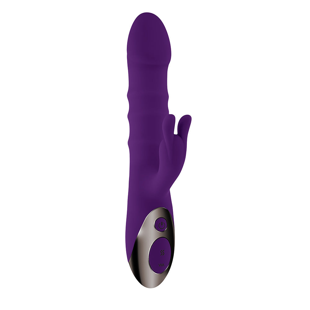 PLAYBOY - HOP TO IT RECHARGEABLE THRUSTING SILICONE DUAL STIMULATION VIBRATOR ACAI