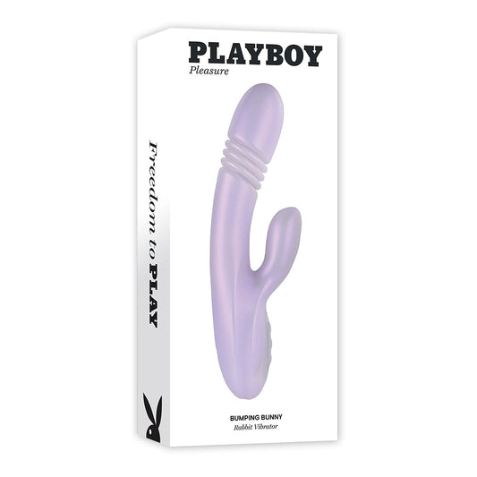 PLAYBOY BUMPING BUNNY RECHARGEABLE THRUSTING WARMING SILICONE DUAL STIMULATION VIBRATOR OPAL
