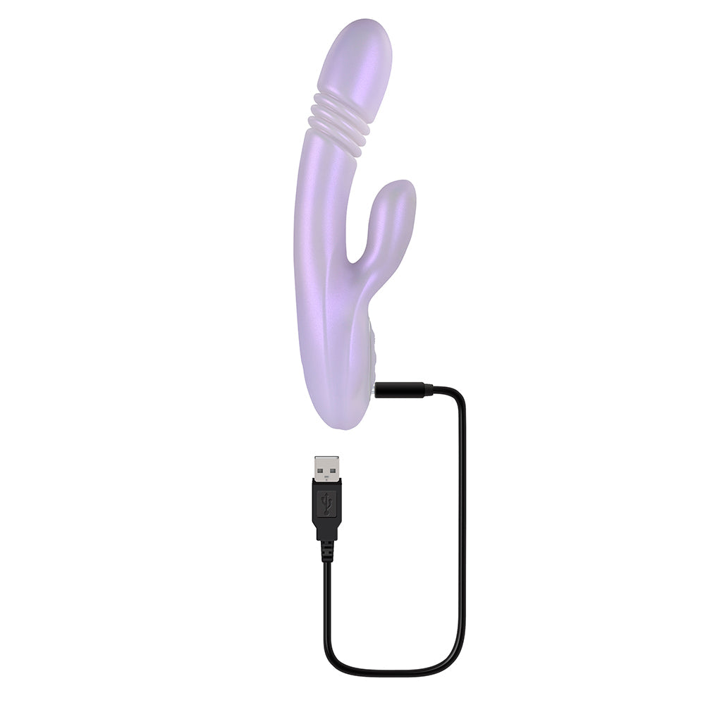 PLAYBOY BUMPING BUNNY RECHARGEABLE THRUSTING WARMING SILICONE DUAL STIMULATION VIBRATOR OPAL