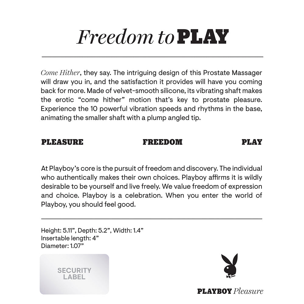 PLAYBOY COME HITHER RECHARGEABLE REMOTE CONTROLLED SILICONE VIBRATING PROSTATE MASSAGER BLACK