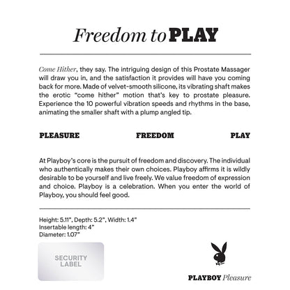 PLAYBOY COME HITHER RECHARGEABLE REMOTE CONTROLLED SILICONE VIBRATING PROSTATE MASSAGER BLACK