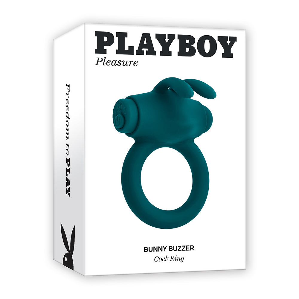 PLAYBOY - ANILLO VIBRADOR DE PENE RECARGABLE DE SILICONA CON ESTIMULADOR BUNNY BUZZER COLOR AZUL PETRÓLEO OSCURO
