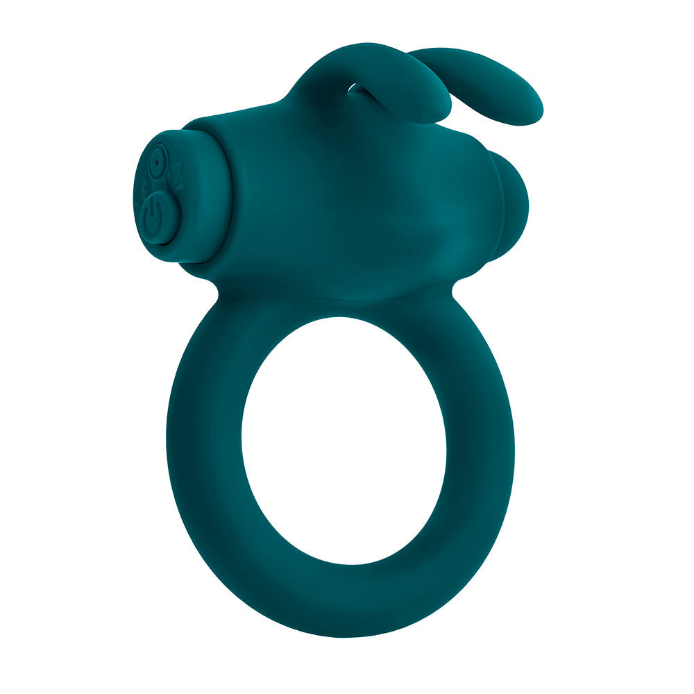 PLAYBOY - ANILLO VIBRADOR DE PENE RECARGABLE DE SILICONA CON ESTIMULADOR BUNNY BUZZER COLOR AZUL PETRÓLEO OSCURO
