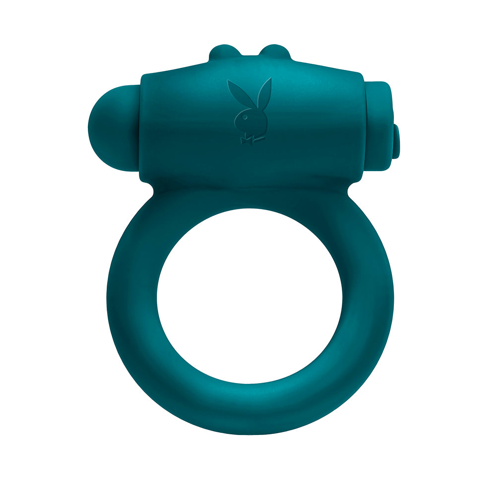 PLAYBOY - ANILLO VIBRADOR DE PENE RECARGABLE DE SILICONA CON ESTIMULADOR BUNNY BUZZER COLOR AZUL PETRÓLEO OSCURO
