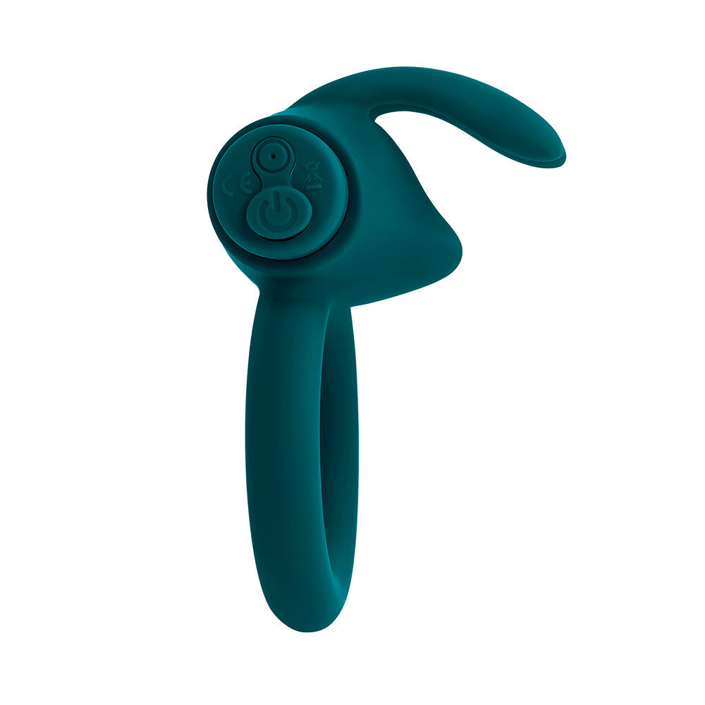 PLAYBOY - ANILLO VIBRADOR DE PENE RECARGABLE DE SILICONA CON ESTIMULADOR BUNNY BUZZER COLOR AZUL PETRÓLEO OSCURO