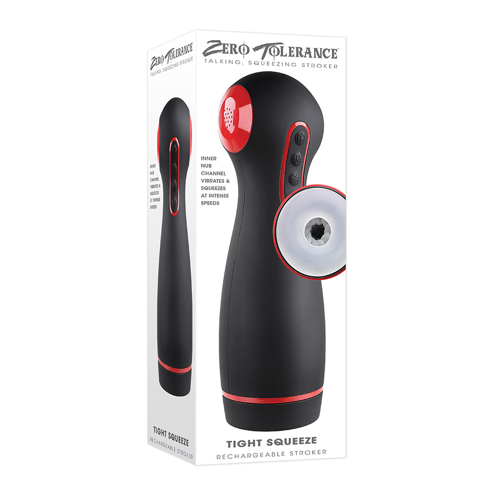 ZERO TOLERANCE TIGHT SQUEEZE RECHARGEABLE VIBRATING SQUEEZING TALKING STROKER TPE BLACK/RED