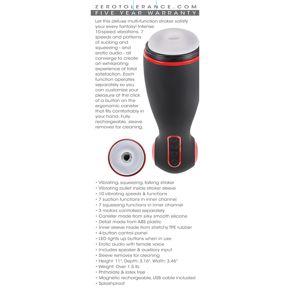 ZERO TOLERANCE TIGHT SQUEEZE RECHARGEABLE VIBRATING SQUEEZING TALKING STROKER TPE BLACK/RED