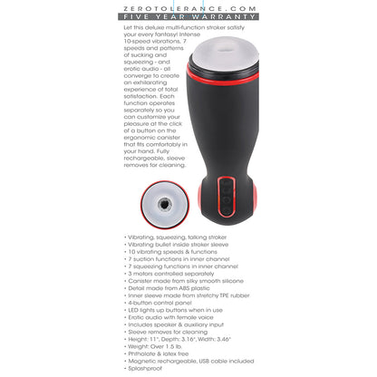 ZERO TOLERANCE TIGHT SQUEEZE RECHARGEABLE VIBRATING SQUEEZING TALKING STROKER TPE BLACK/RED