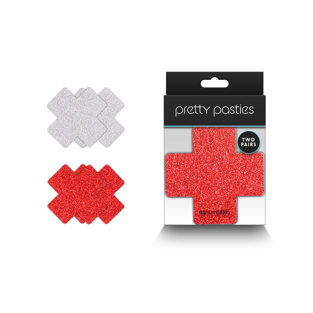 PRETTY PASTIES GLITTER CROSS RED/SILVER 2 PAIR