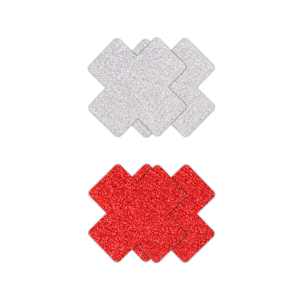 PRETTY PASTIES GLITTER CROSS RED/SILVER 2 PAIR
