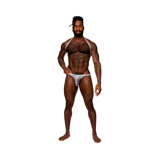MALE POWER - S''NAKED SHOULDER SLING HARNESS THONG ONE-PIECE SILVER/BLACK S/M