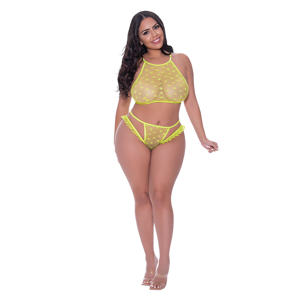 MAGIC SILK LOVE STAR HALTER CROP BRA & CHEEKY PANTY SET NEON CHARTREUSE QUEEN SIZE