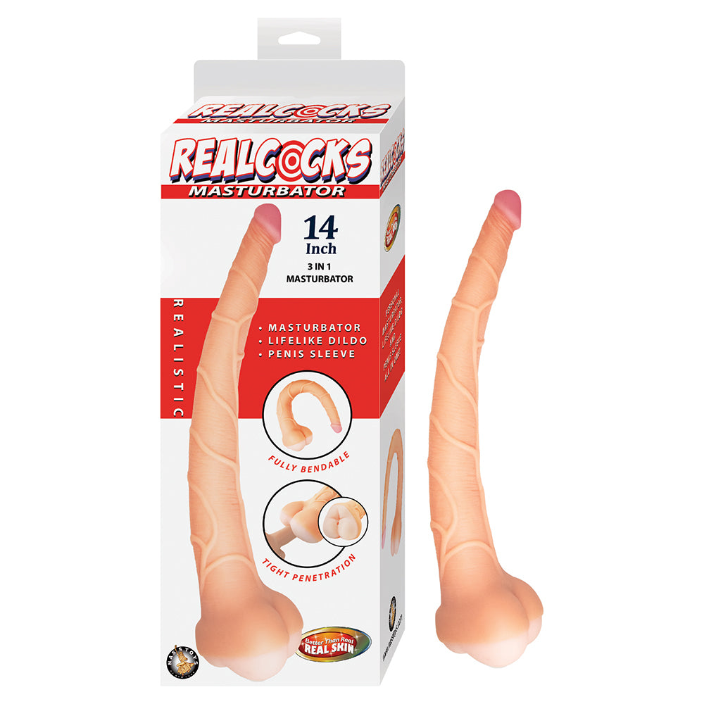 REALCOCKS MASTURBATOR 14 IN. 3-IN-1 DILDO, SLEEVE & STROKER BEIGE
