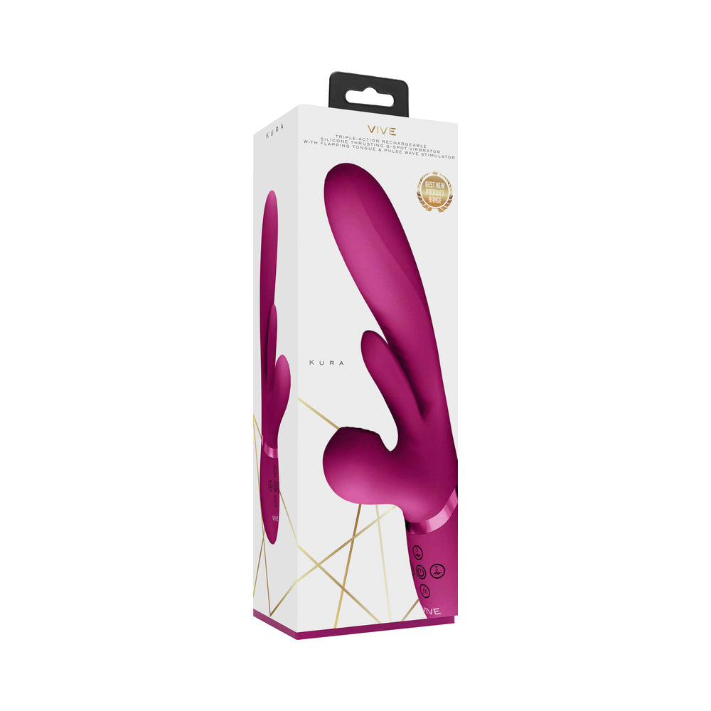 VIVE KURA RECHARGEABLE THRUSTING SILICONE G-SPOT VIBRATOR WITH FLAPPING TONGUE AND PULSE WAVE STIMULATOR PINK