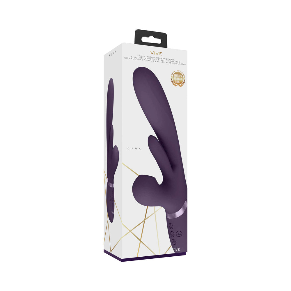 VIVE KURA RECHARGEABLE THRUSTING SILICONE G-SPOT VIBRATOR WITH FLAPPING TONGUE AND PULSE WAVE STIMULATOR PURPLE