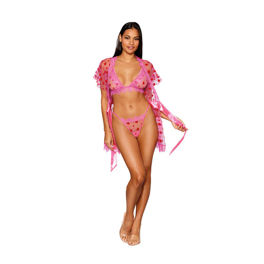 DREAMGIRL FLOCKED HEART MESH AND EYELASH LACE ROBE, BRALETTE, AND G-STRING SET PEONY XL