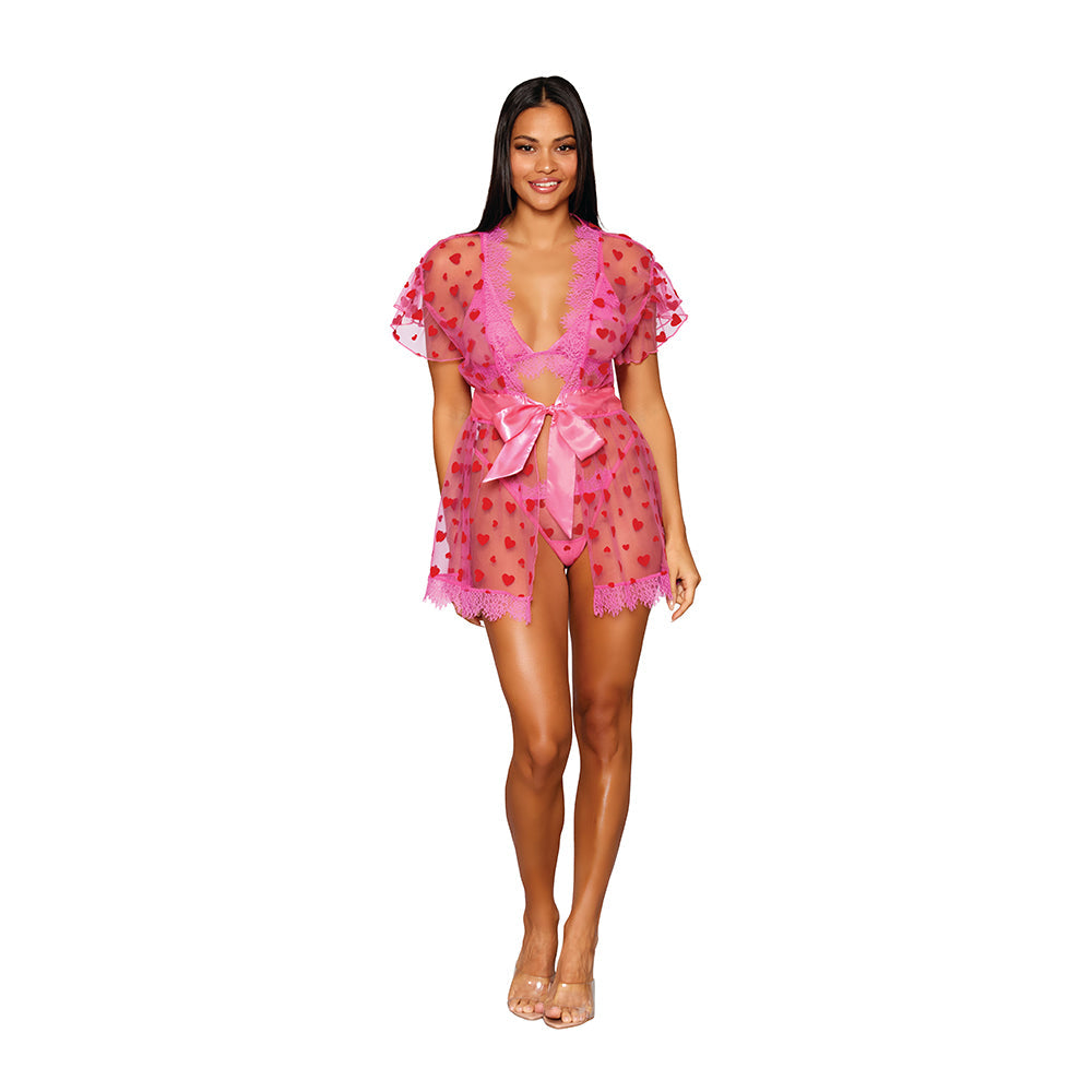 DREAMGIRL FLOCKED HEART MESH AND EYELASH LACE ROBE, BRALETTE, AND G-STRING SET PEONY XL