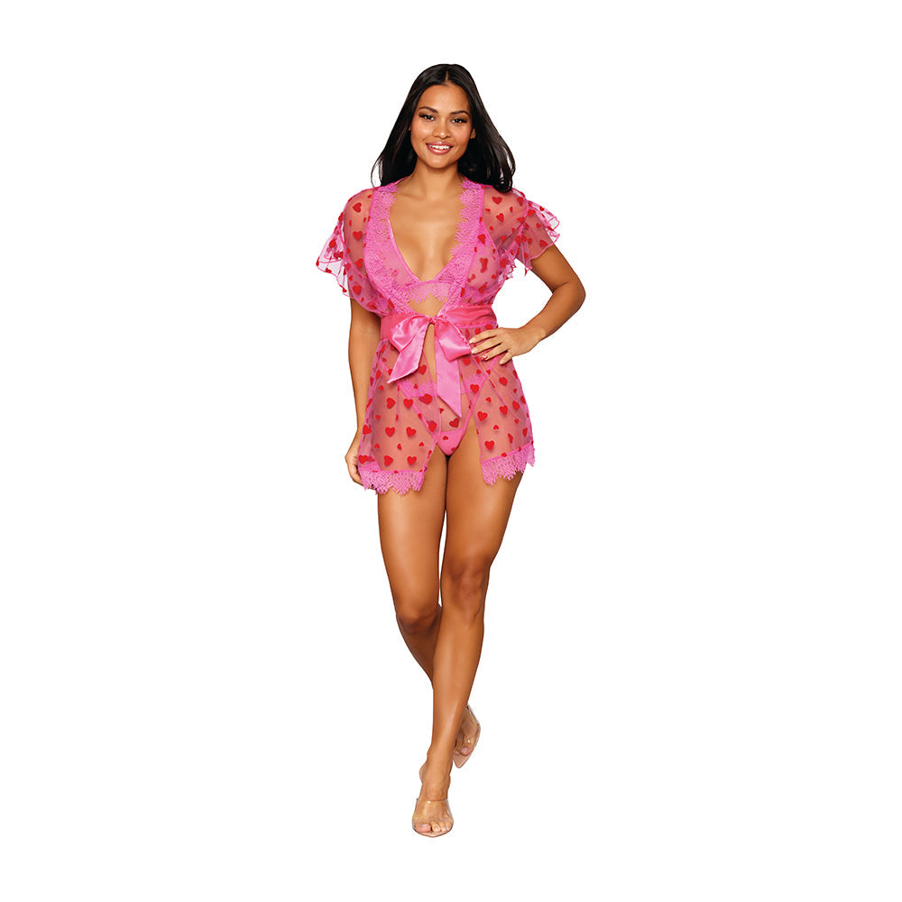 DREAMGIRL FLOCKED HEART MESH AND EYELASH LACE ROBE, BRALETTE, AND G-STRING SET PEONY XL