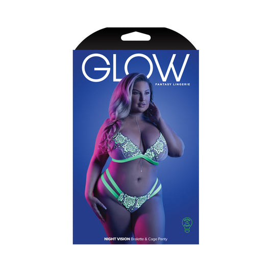 FANTASY LINGERIE GLOW NIGHT VISION GLOW-IN-THE-DARK LACE BRALETTE & PANTY WHITE QUEEN SIZE