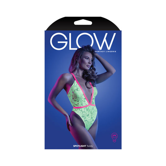 FANTASY LINGERIE GLOW SPOTLIGHT CONTRAST ELASTIC LACE TEDDY WITH SNAP CLOSURE NEON GREEN S/M