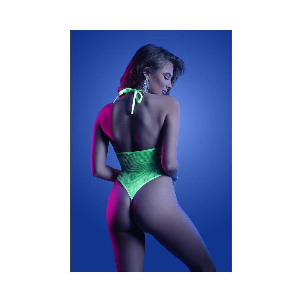 FANTASY LINGERIE GLOW NOCTURNAL KEYHOLE HALTER TIE TEDDY WITH SNAP CLOSURE NEON LEMON S/M