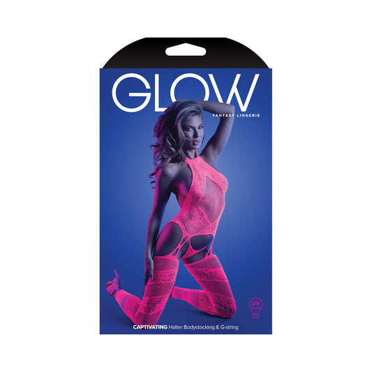 FANTASY LINGERIE - GLOW CAPTIVATING HIGH NECK HALTER BODYSTOCKING & G-STRING SET NEON PINK O/S