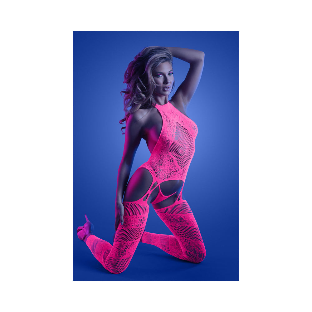 FANTASY LINGERIE GLOW CAPTIVATING HIGH NECK HALTER BODYSTOCKING & G-STRING SET NEON PINK O/S