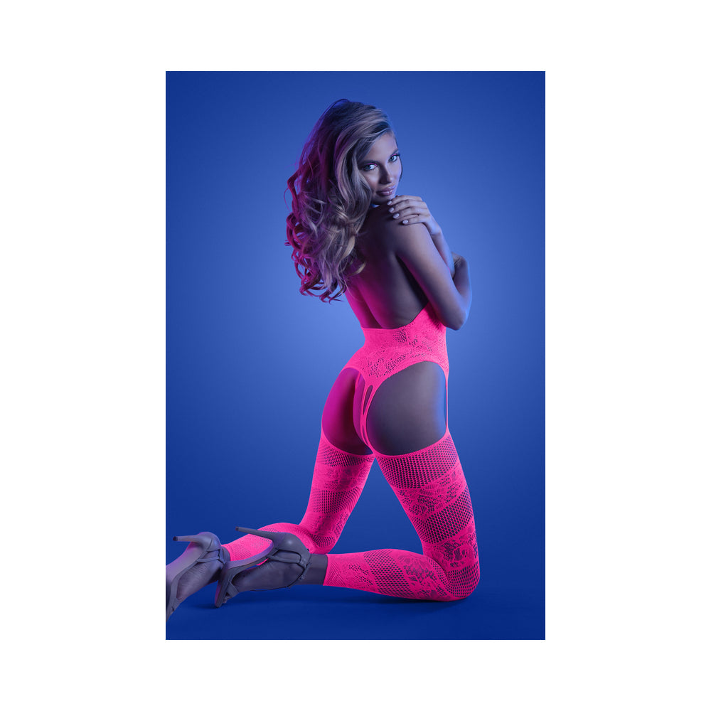 FANTASY LINGERIE - GLOW CAPTIVATING HIGH NECK HALTER BODYSTOCKING & G STRING SET NEON