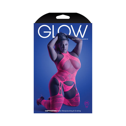 FANTASY LINGERIE GLOW CAPTIVATING HIGH NECK HALTER BODYSTOCKING & G-STRING SET NEON PINK QUEEN SIZE
