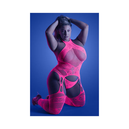 FANTASY LINGERIE GLOW CAPTIVATING HIGH NECK HALTER BODYSTOCKING & G-STRING SET NEON PINK QUEEN SIZE